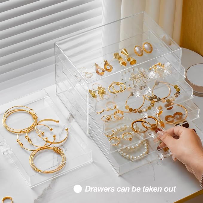 Earring Storage Box Organizer 5 Drawers Jewelry Organizer Acrylic Jewelry Storage Box Holder Compartment Transparent Display Storage Case Gift for Women Girls (5 Grids)