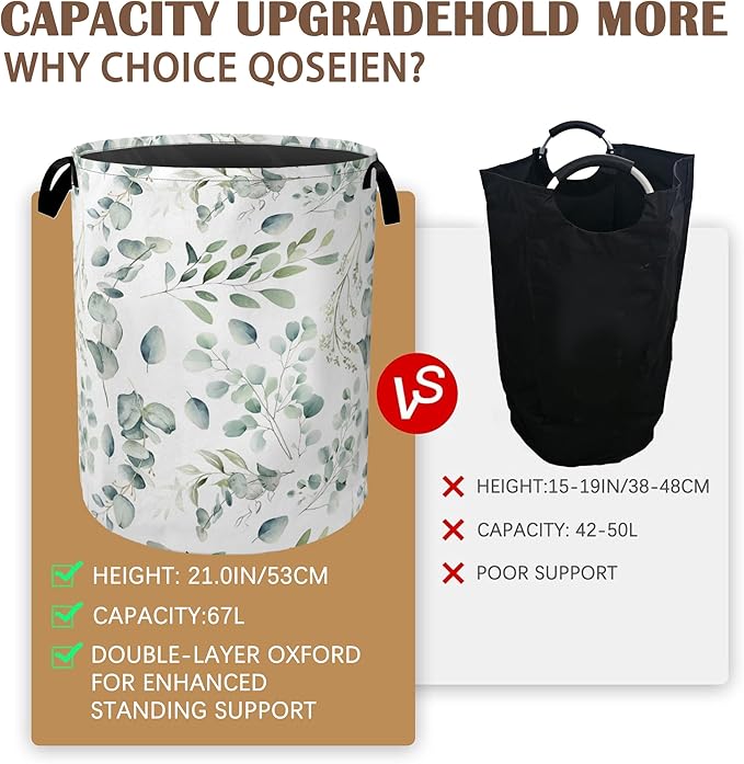 Green Eucalyptus Collapsible Laundry Baskets,Leaves Branches Laundry Hamper,Storage Basket with Handles for Bathroom Bedroom College Dormitory Living Room Nursery Organizer 16"x20"