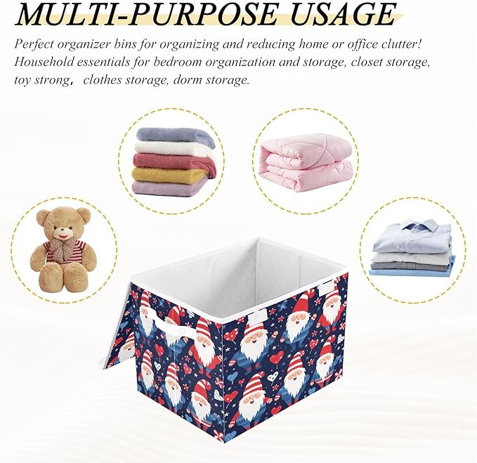 Bolaz Storage Bins with Lids and Handles,Cute Gnmoes American National Day Storage Box Storage Basket with Cover Collapsible Organizer Containers for Home Closet, Shelves
