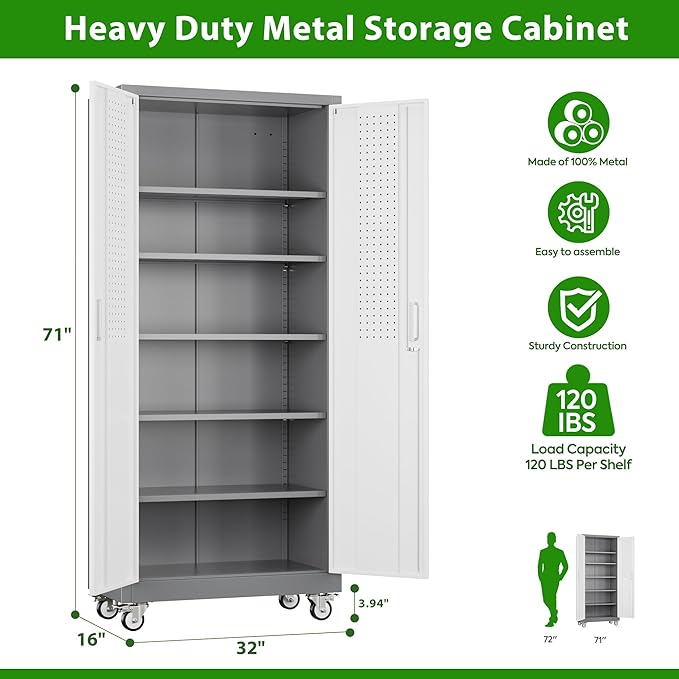 71" Metal Storage Cabinet with Wheels and Pegboard, Lockable Rolling Steel Storage Cabinet with 5 Adjustable Shelves and Door for Garage, Office, Kitchen, Assembly Required（Grey and White）
