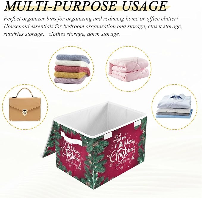 Christmas Baskets Collapsible Storage Bins with Lids, Merry Christmas Happy New Year Storage Boxes Clothes Baskets for Organizing