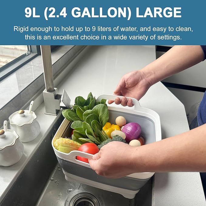 Collapsible Dish Tub 2X9L-Collapsible Basin Bucket Portable Sink-Outdoor Multiuse Foldable Sink Tub Wash Dish Basin for Kitchen Basin RV Camping (Grey+Grey)