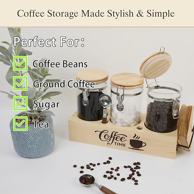 EQEY Glass Coffee Canister Set with Shelf & Spoons - 3 Piece Airtight Seal Coffee Bean Storage Containers & Filter Holder for Kitchen Organization