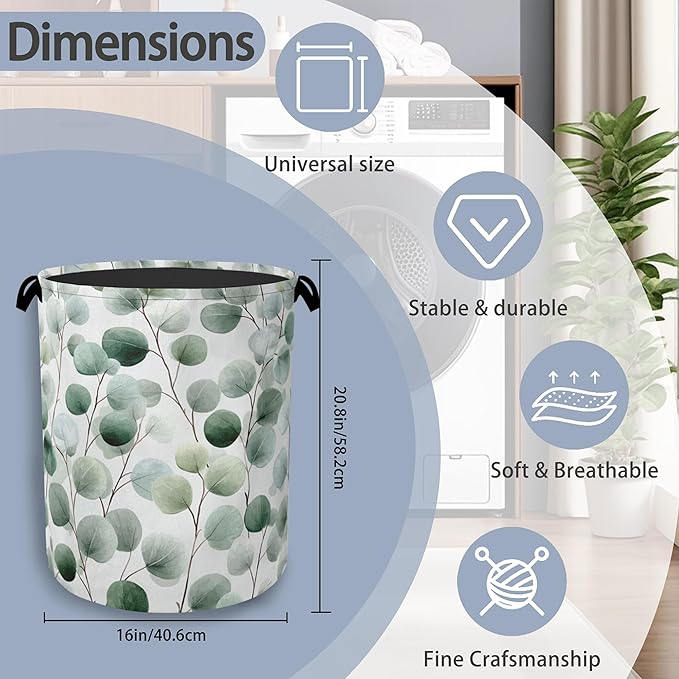 Eucalyptus Leaves Laundry Basket,Foldable Oxford Cloth Tote Bag Laundry Hamper Clothes Storage Bucket Organizer for Bedroom Laundry Storage Dormitories 16" x 20.8"