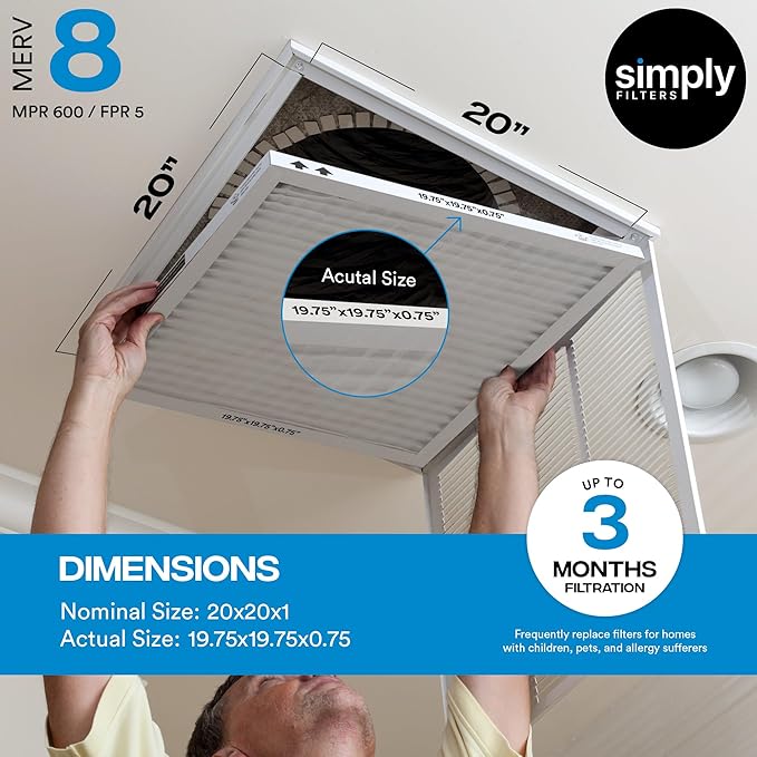 Simply 20x20x1 Air Filter, Merv 8, MPR 600, 12 Pack, Furnace Air Filter for HVAC (Actual Size: 19.75"x19.75"x0.75") DUST, Pet, & Allergy Control