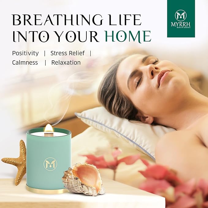 MyrrhUSA Ocean Breeze Scented Candle – 15 oz Natural Soy Wax with Crackling Wooden Wick & Essential Oils | 80 Hour Burn | Luxury Aromatherapy Candle for Relaxation, Home Décor, Living Room & Bathroom