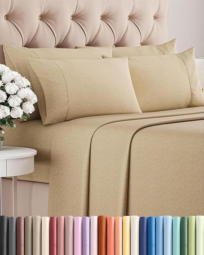 Cal King 6 Piece Sheet Set - Comfy Breathable & Cooling - Soft Hotel Luxury Bedding Set with 8-16 Inch Deep Pockets - 1 Flat & 1 Fitted Sheet & 4 Pillowcases - Wrinkle Free & Easy Care - Heathered Tan