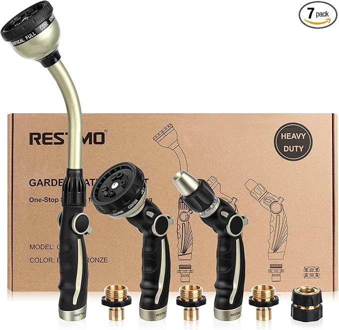 RESTMO Garden Watering Combo, Heavy Duty Hose Sprayer | Metal Hose Wand | High Pressure Hose Nozzle, Thumb Flow Control, Quick Connect Fittings Included, Easy to Reach Anywhere in Garden & Lawn
