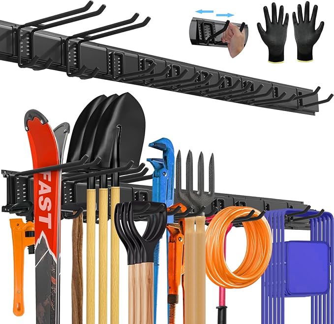 SUKIZZ 64'' All-Metal Garage Tool Organizer Wall Mount – Heavy-Duty Tool Rack Holds 680 lbs, Adjustable Hooks for Garage, Yard, and Garden Equipment