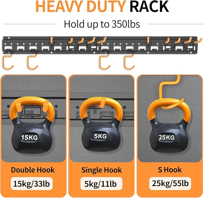 Garden Tool Organizer Wall Mount - Garage Storage and Organization Yard Tool Hanger with Adjustable Pegboard Hooks Shed Rack for Broom Mop Shovel Rake Trimmers, 32 inch Max 350lbs, Black