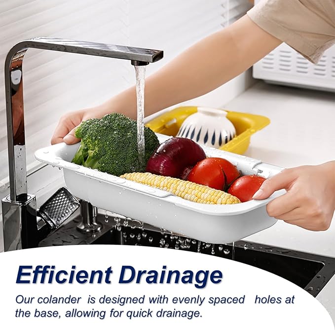 YUNKWONG Extendable Sink Colander Strainer Basket - Wash Vegetables and Fruits, Drain Cooked Pasta and Dry Dishes - Adjustable Over the Sink Colander Collapsible Drainer Basket - White