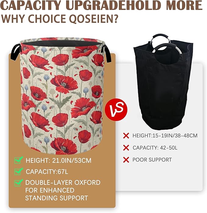 Vintage Poppy Laundry Hamper,Collapsible Laundry Baskets,Red Flowers Dirty Clothes Baskets with Handles,Oxford Cloth Hamper for Bedroom,Bathroom,College Dorms, 16"x20"