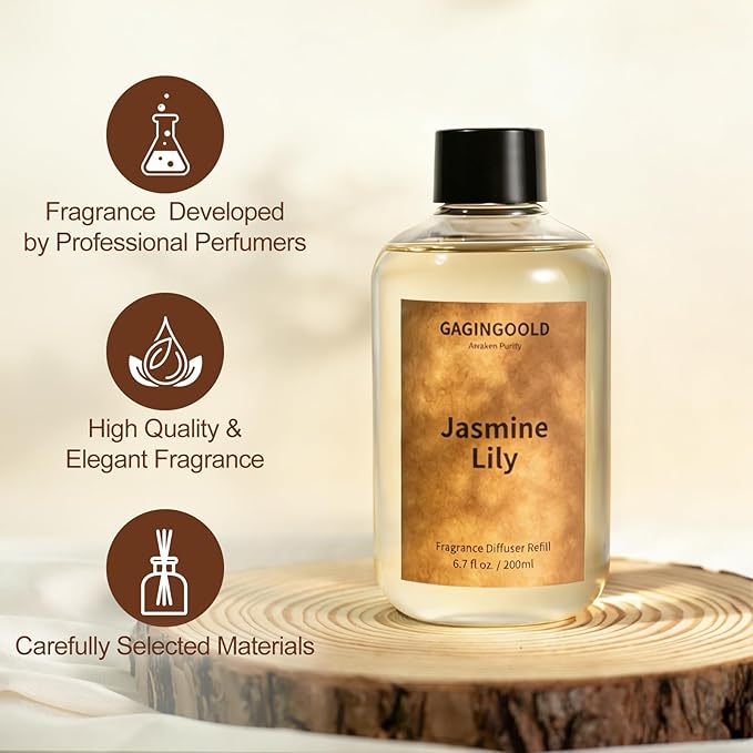 Jasmine Lily Scented Reed Diffuser Oil Refill with 10 Sticks, 120 Days Long Lasting for Home, Elegant Fragrance for Bathroom Bedroom Office Decor Air Fresh, 6.7 fl oz / 200 ml
