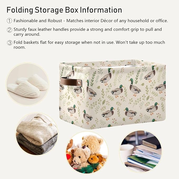 ALAZA Mallard Duck Blossom Foldable Storage Box Storage Basket Organizer Bins with Handles for Shelf Closet Living Room Bedroom Home Office 2 Pack