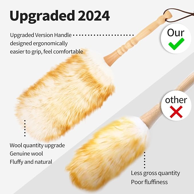 FeelfunFeather Lambswool Duster with Solid Wooden Handle,Leather Hang Strap,Comfortable Grips 19.6 inch Long Natural Feathers Dusters for Cleaning Wall Plant Desk Blind Cleaner Duster Tool