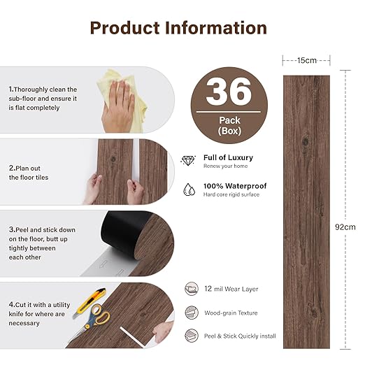 Peel and Stick Floor Tile, INMOZATA 36-Pack 54 Sq.Ft Self Adhesive Vinyl Plank Flooring Wood Grain Look 36x6 Inch Waterproof Tile Sticker for Bedroom, Living Room, Kitchen, RV (Natural Walnut)