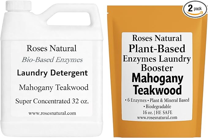 Bio-Based Enzymes Laundry System – Liquid Laundry Detergent (32 fl oz) + Enzyme Booster (16 oz) Bundle – Plant-Based, Low-Suds, HE Safe, Made in the USA (Mahogany Teakwood)