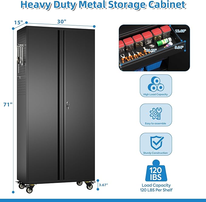 Garage Storage Cabinet with Wheels and Doors,Lockable Metal Storage Cabinet with Drawer Pegboard and Hooks for Garage Warehouse Home,Required Assembly,Black,71" H×15" D×30" W