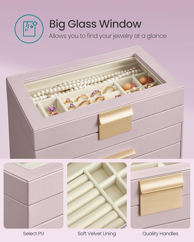 SONGMICS Jewelry Box Organizer with Glass Lid, 4-Layer Jewelry Storage, with 3 Drawers, Modern Style, 6 x 9.9 x 8.5 Inches, Lavender Purple and Gold Color UJBC161P01