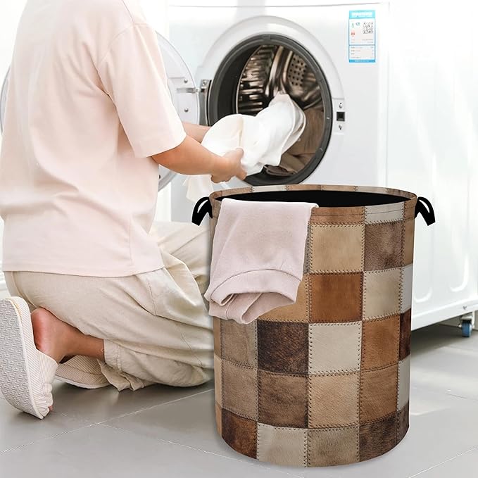 Vintage Cowhide Laundry Basket,Oxford Cloth Laundry Hamper with Handle Foldable Portable Clothes Storage Basket for Bathroom Bedroom Dorm Room 16" x 20.8"