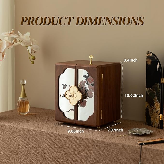 KINTNESS Black Walnut Wooden Jewelry Box with Lock - 5 Layers Large Jewelry Organizer for Women Girls, Flower-Mirror Jewelry Safe with Key for Bracelet, Necklace, Ring, Earring