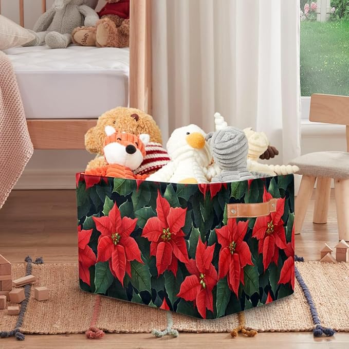 Storage Baskets Bin, Christmas Winter Poinsettia Collapsible Canvas Fabric Storage Bin Decorative Baskets Toy Organizer Rectangle Storage Boxes with Handles for Home Shelves Nursery, J-006