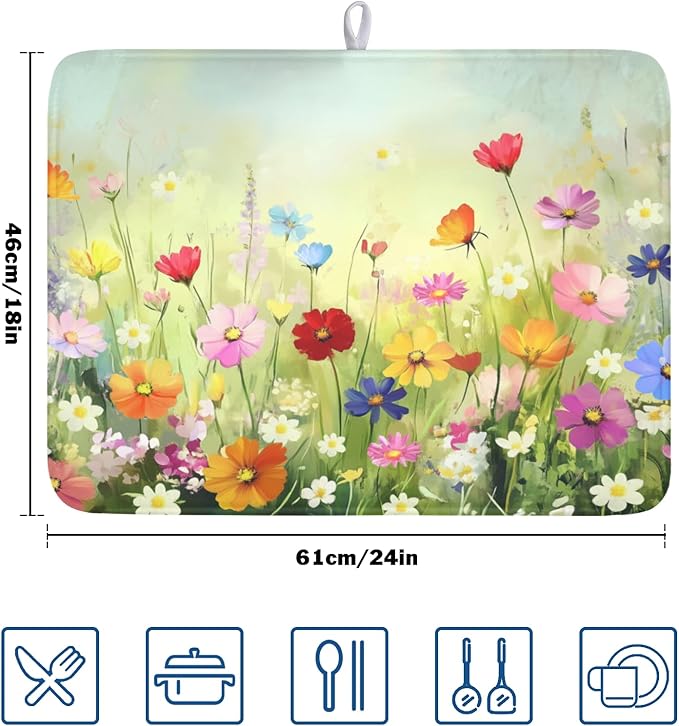 ABSOP Spring Summer Daisy Dish Drying Mat 18 x 24 Inch Colourful Floral Pattern Dish Drainer Rack Mat Absorbent Microfiber Mats Holiday Dish Pad for Kitchen Coffee Dining Bar Decor