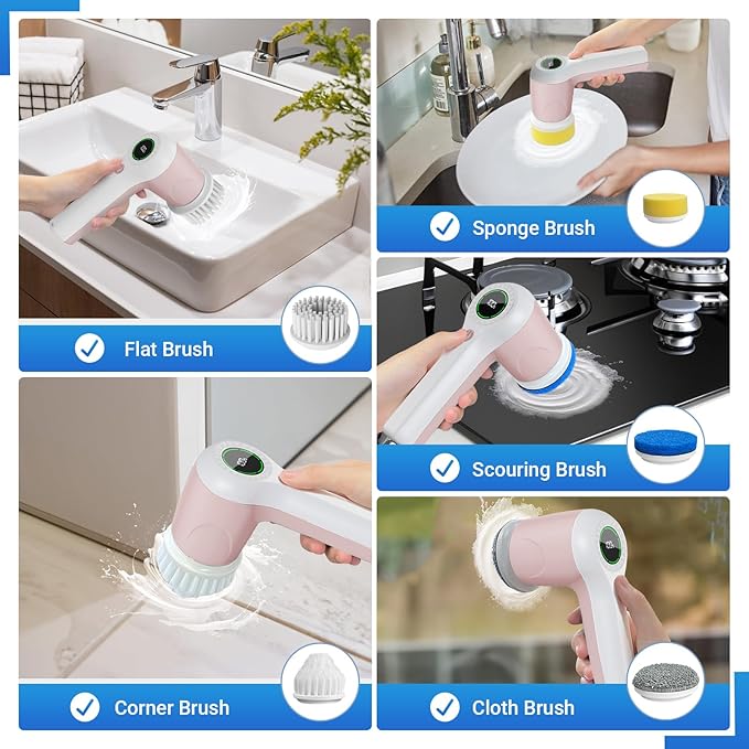 PUFTEM Electric Spin Scrubber, Cordless Shower Scrubber with Battery Level Display, 2 Speeds Electric Scrubber for Cleaning with 6 Replaceable Heads, Cleaning Brush for Bathroom/Sink/Window (Pink)