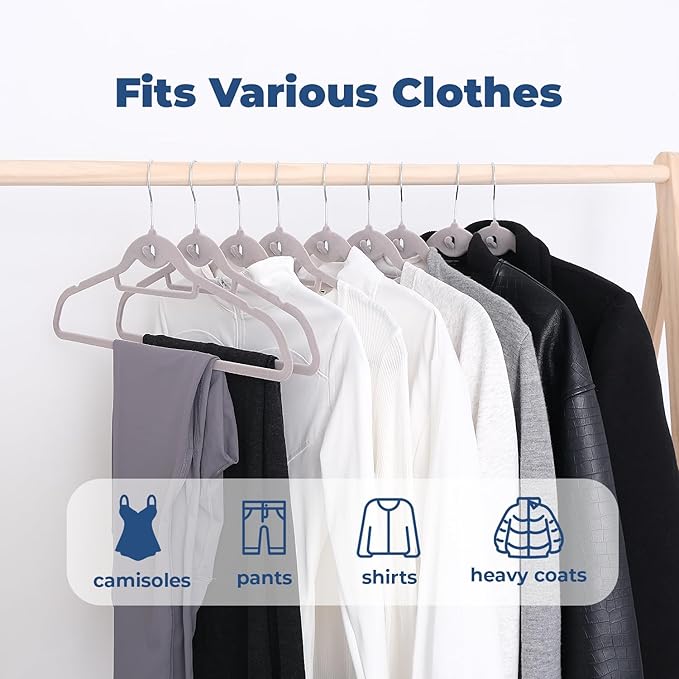 Limogoo Grey Velvet Hangers 50 Pack, Felt Covered Non Slip Fabric with Stackable Cascading Hook, Ultra Thin and Space Saving with 360° Swivel Neck, 15Lbs Capacity for Clothes, Suit, Shirt, Coat