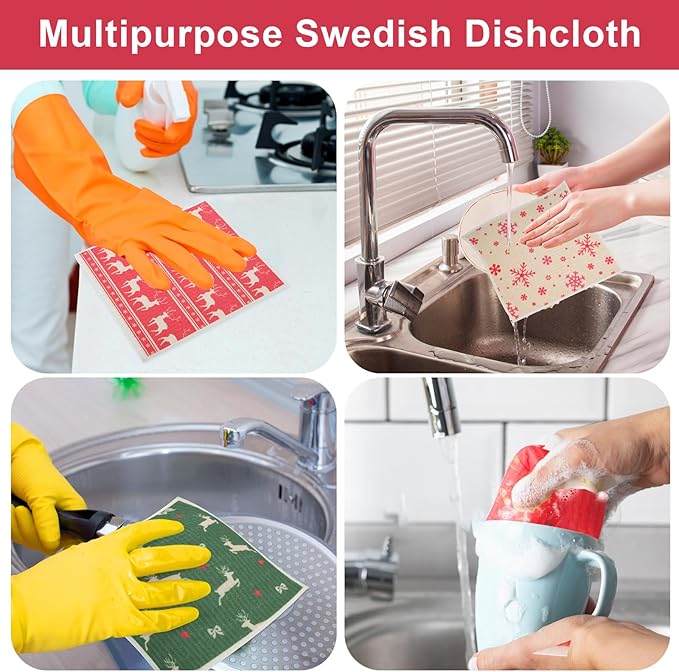 6 Pack Christmas Swedish Dishcloths for Kitchen, Snowflake Elk Xmas Tree Reusable Paper Towels with Adhesive Clips, Stocking Stuffers for Adults Absorbent Cellulose Sponge Cloths for Cleaning Kitchen