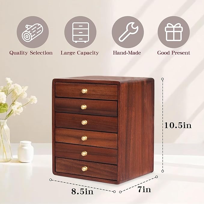 Jewelry Box for Women Girls, Wooden Jewelry Box Organizer Functional With Drawers, 6 Layers Jewelry Storage Organizer for Earring, Ring, Necklace, Bracelets