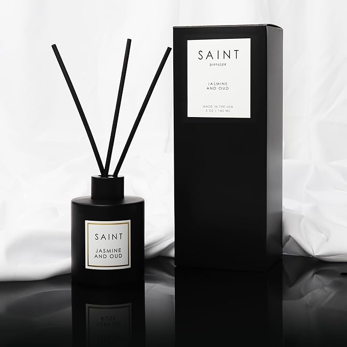 SAINT Reed Diffuser, Aromatherapy Diffuser Set with Scent Diffuser Sticks, Long-Lasting Oil Diffuser in Matte Black Glass Jar, Aroma Diffuser for Home, Bedroom, or Bathroom, 5oz, Jasmine and Oud