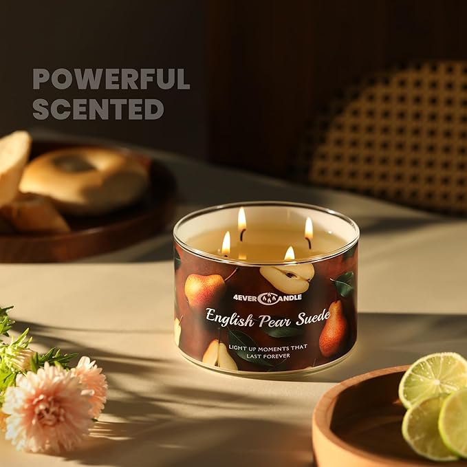 4EVER Scented Candles | 4-Wick 18oz Soy Wax Candle | Up to 50Hrs Clean Burn | Aromatherapy Candles for Home Scented | Gifts for Women & Mom, English Pear Suede