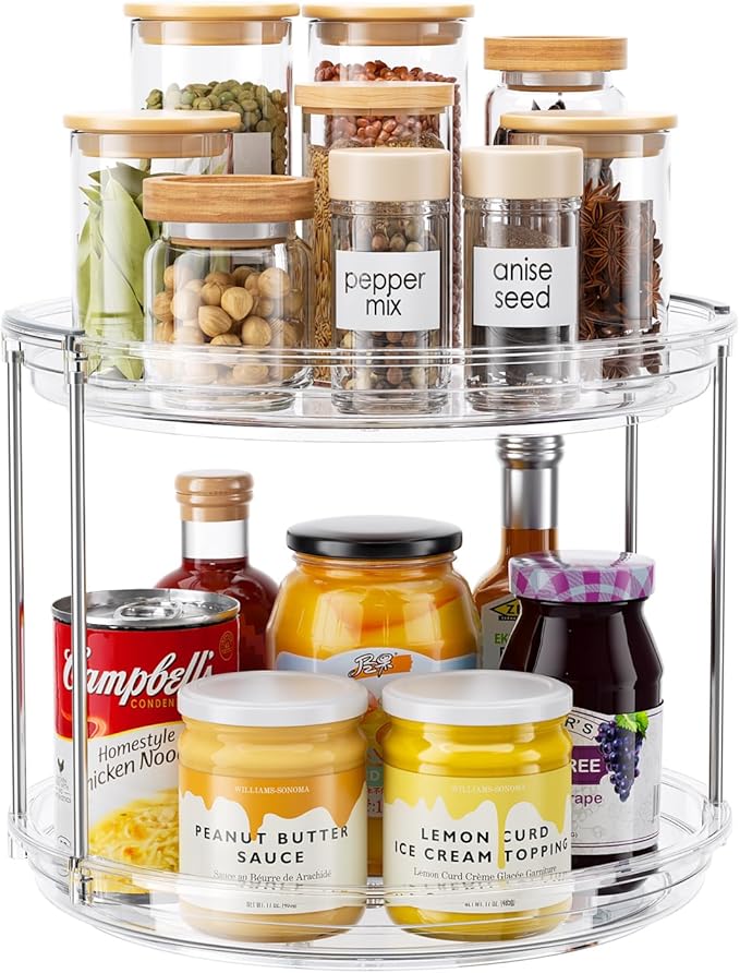 LazySpin 2 Tier Lazy Susan Organizer, 9.25'' Lazy Susan Turntable for Cabinet, Stackable Turntable Organizer Rotating Spice Rack Organization for Kitchen Countertop, Pantry, Bathroom, Clear