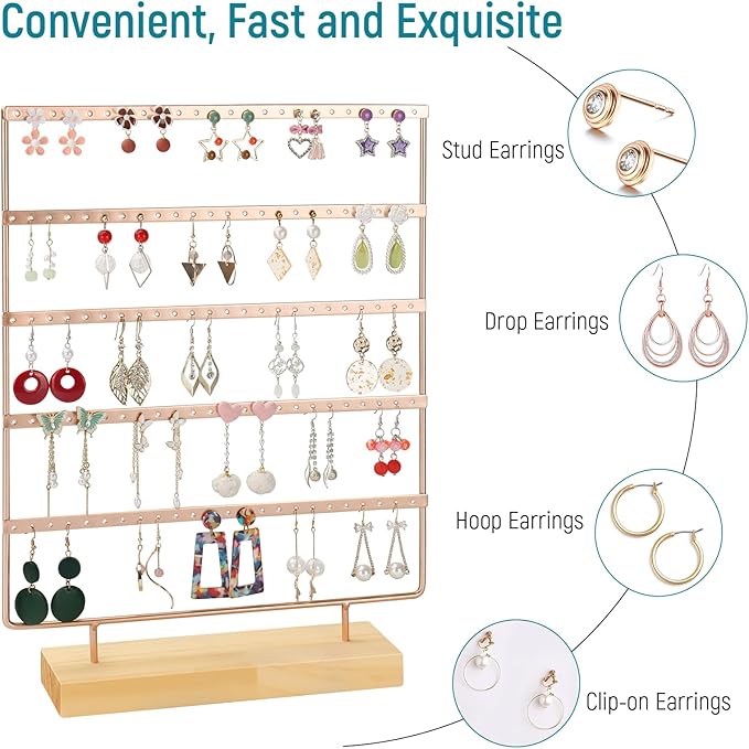 5 Tier 120 Hole Earring Holder Organizer, Rust Proof Metal and Wooden Base Jewelry Organizers and Storage for 60 Pairs of Earrings, Suitable for Home Storage and Sales Display