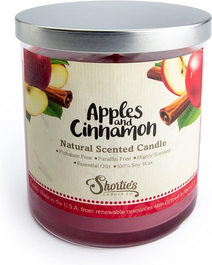 Apples & Cinnamon Scented Natural Soy Candle, Essential Fragrance Oils, 100% Soy, Phthalate & Paraben Free, Clean Burning, 9 Oz.