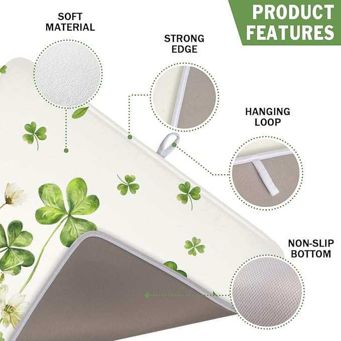 ABSOP St Patrick's Day Dish Drying Mat 16 x 18 Inch Green Clover Dish Drainer Rack Mat Absorbent Microfiber Mats for Shamrock Dish Pad Spring Lucky Dish Pad for Kitchen Bar Decor