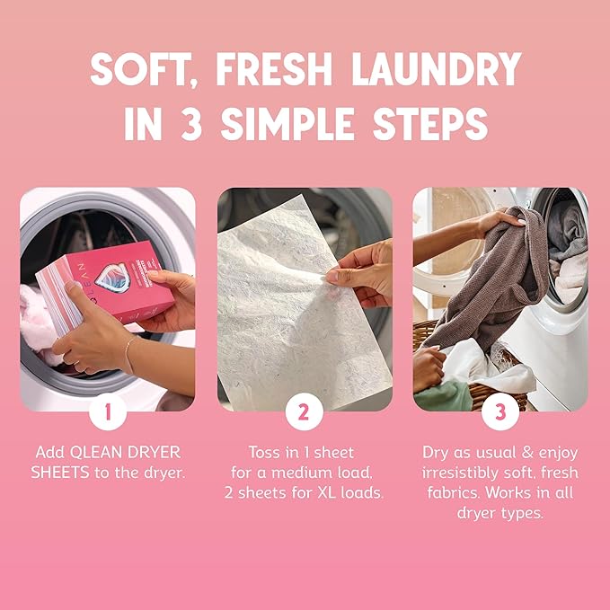QLEAN Dryer Sheets | Natural Fabric Softener & Removes Static Cling | Vegan Laundry Softener | Soft, Fresh Laundry, Perfect for Clothes and Beddings - 120 Loads (Ruby Sunset Bliss)