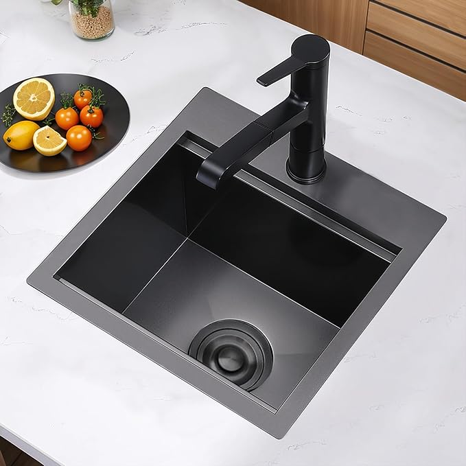 VCCUCINE Gunmetal Black Bar Sink Drop in, 15x15 Inch Topmount RV Small Kitchen Sink, 16 Gauge Stainless Steel Wet Bar Sink, Top Mount Outdoor Single Bowl Prep Sink with Cutting Board & Strainer