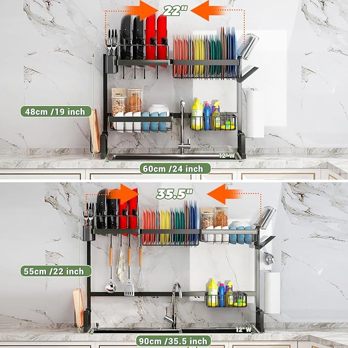 ADBIU Over The Sink (24"- 35.5" L) Dish Drying Rack (Expandable Dimension) Snap-On Design 2 Tier Kitchen Large Dish Drainer Counter Storage Organizer