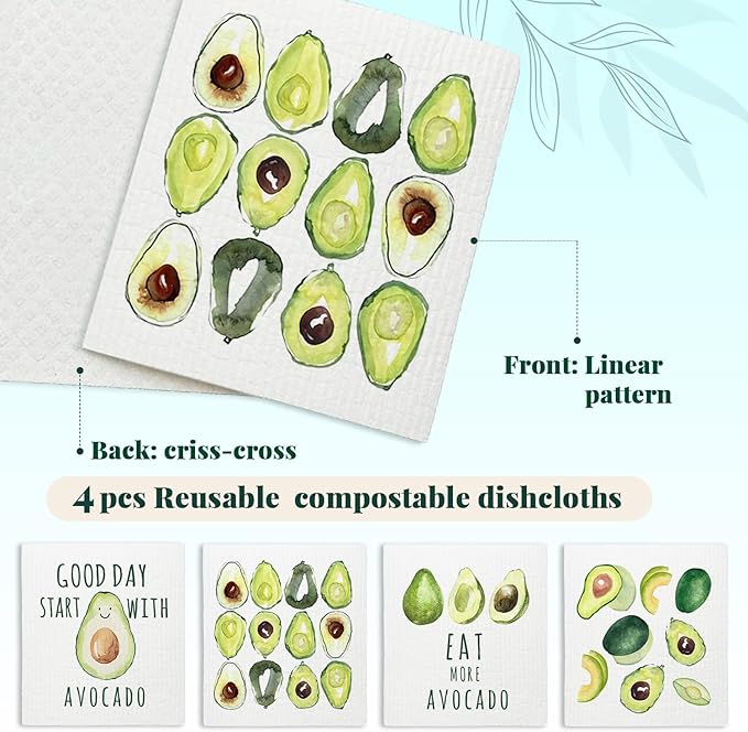 LARTSFRO Avocado Swedish Dishcloths for Kitchen, Swedish Dish Cleaning Cloths for Friut, Papaya Reusable Paper Towels, 4 Pack Dish Towels for Kitchen, Reusable Sponge Cloths Washable