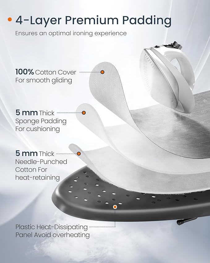 SONGMICS Ironing Board, Foldable Iron Board, Height Adjustable up to 35 Inches, with 4 Layered Cover and Pad, Iron Rest, Hook, Steel X-Legs, for Home, Laundry Room, Dorm, Dove Gray ULLB001G01