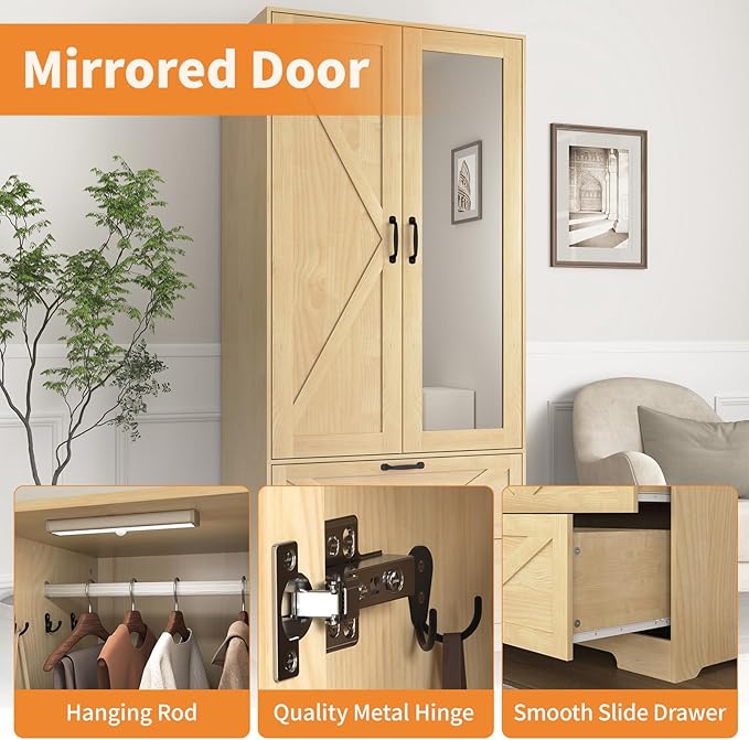 Armoire Wardrobe Closet with Mirror and 2 Drawers, 72'' Bedroom Armoire Wardrobe Cabinet with Hanging Rod and Light,Wooden Bedroom Closet with Adjustable Shelf