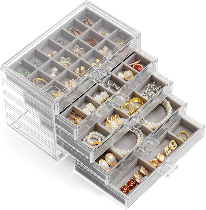 Jewelry Organizer with 5 Drawers Clear Acrylic Earring Display Case Velvet Jewelry Storage Box Display Holder for Earring Ring Bracelet Necklace (Gray, 60 Grids)