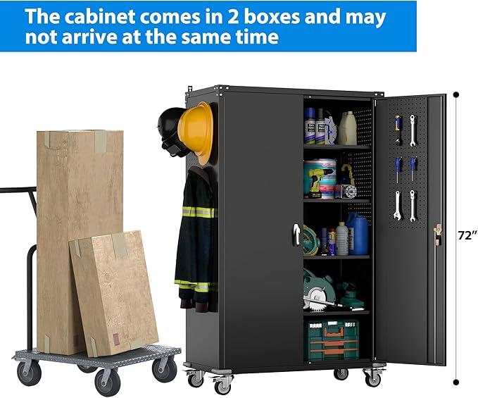 Aobabo Extra Large Garage Storage Cabinet on Wheels, Metal Storage Cabinet with 4 Shelves, 3 Pegboards and 2 Tool Pouches for Home Office Stash, Assembly Required, (Black,43.3''W x 21.9''D x 72''H)