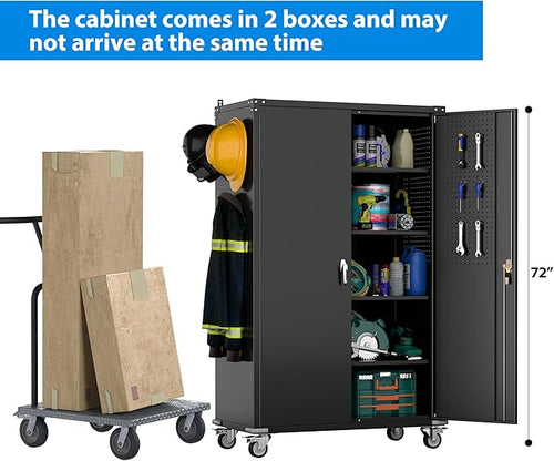 43.3''W x 22''D x 72''H Wide and Deep Garage Storage Cabinet with Wheels & Pegboard & 9 Hooks, Lockable Metal Storage Cabinet with 2 Doors and 4 Adjustable Shelves for Garage, Home, Black
