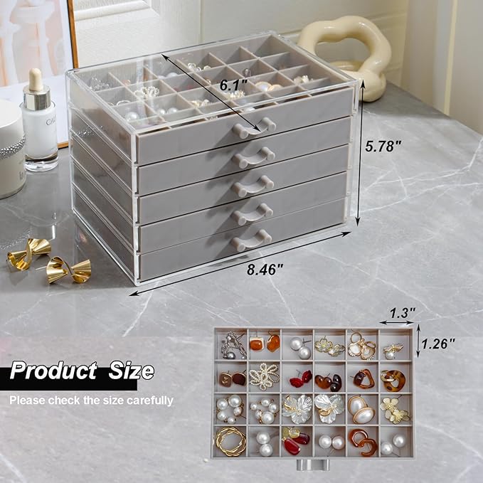 Earring Storage Box Organizer, Acrylic Jewelry Storage Box Holder 5 Drawers Transparent Jewelry Display Stand with 120 Small Compartments Gift Boxes for Women Girls (Gray)