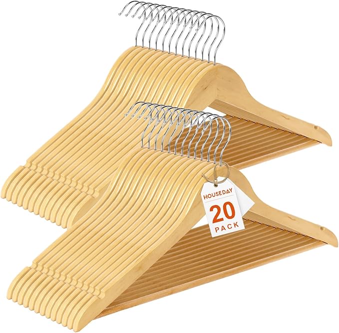 HOUSE DAY Premium Wooden Coat Hangers 20 Pack, Heavy Duty Solid Wood Clothes Hangers with 360° Swivel Hook & Pant Bar for Jackets, Dress, Shirts, Natural Wood Suit Hanger for Closet Organizer