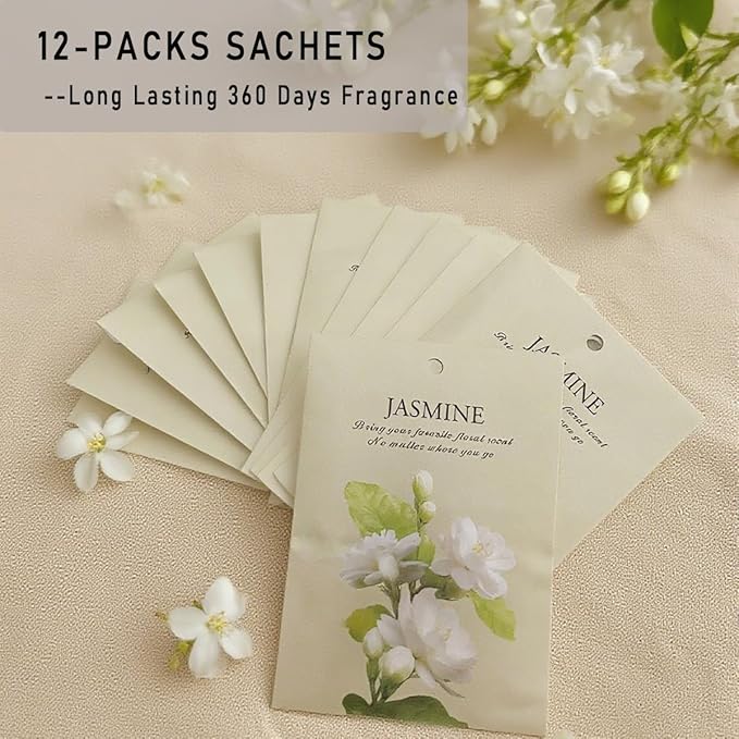 DMDGYNL Jasmine Scented Sachet Bags - 12 Pack Home & Car Freshener, Odor Eliminator for Closets, Rooms, Drawers, Wardrobes, Toilets, Long - Lasting 360 - Day Fragrance