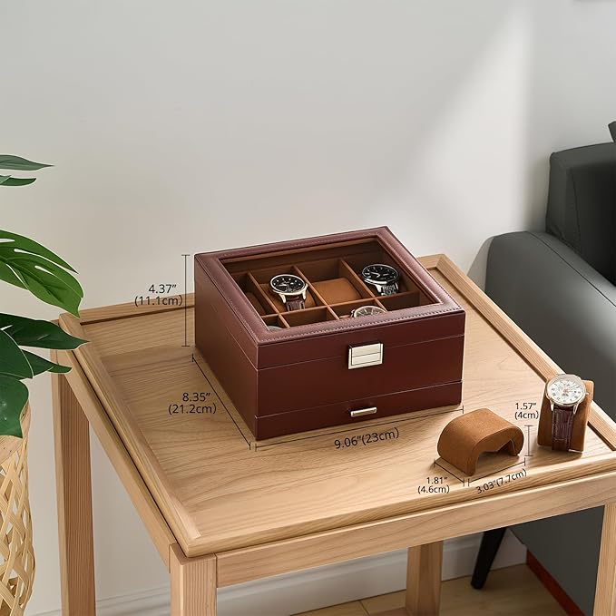 ProCase Watch Case, 8 Slot Mens Watch Box Holder Organizer with Glass Lid, 2-Layer Watches Display Case, Mens Jewelry Box with Drawer, Birthday Valentine Gifts for Men Women -8 Slot, Espresso